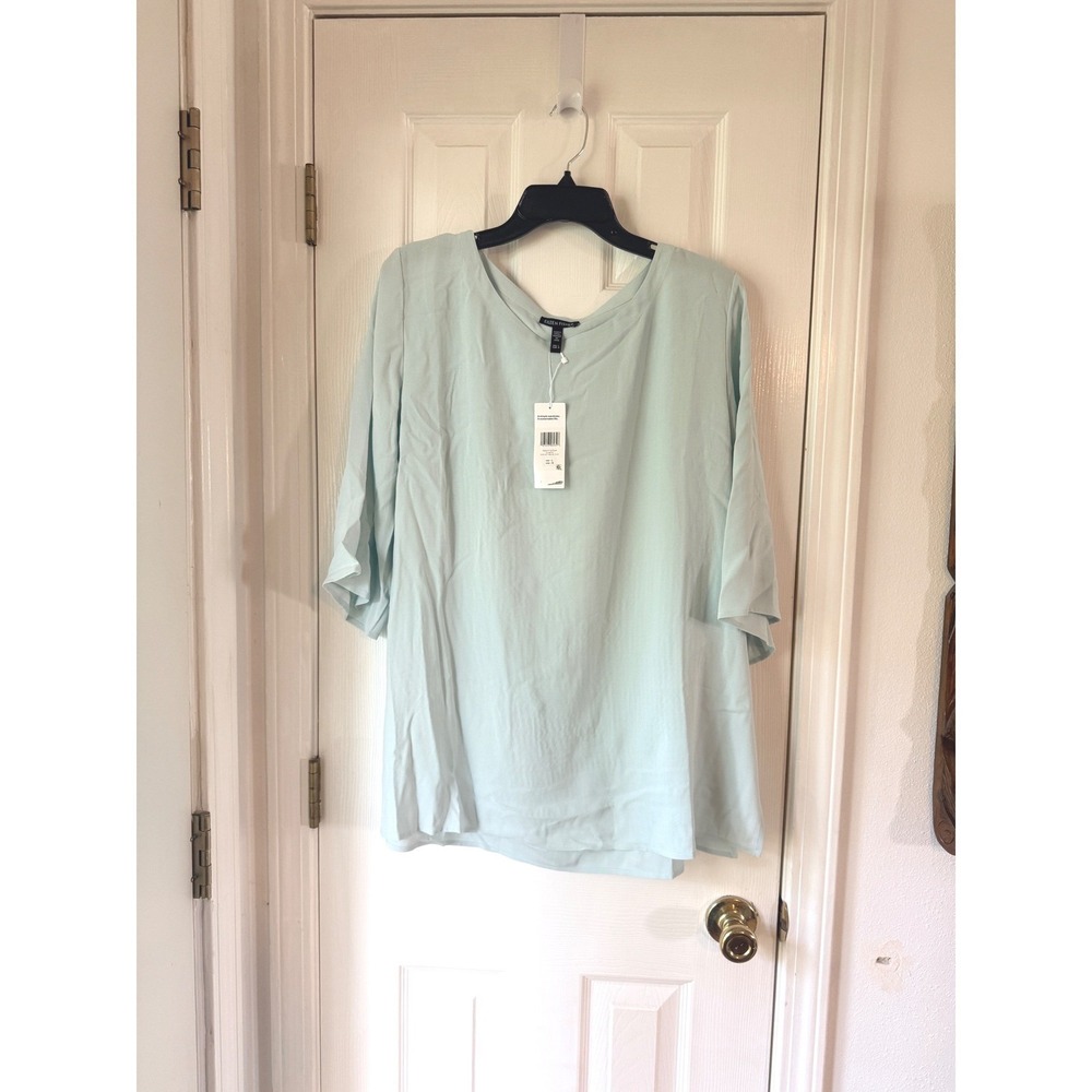 Eileen Fisher Silk Ballet Neck Top Clearwater Blue 3/4 Sleeve Blouse Large